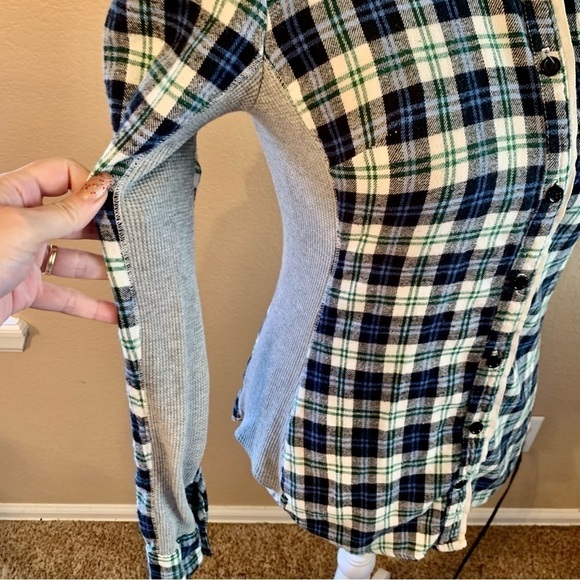 Splendid Flannel Top Small Plaid Cotton Blue Cream Flannel Grey Thermal Panels - Picture 5 of 15